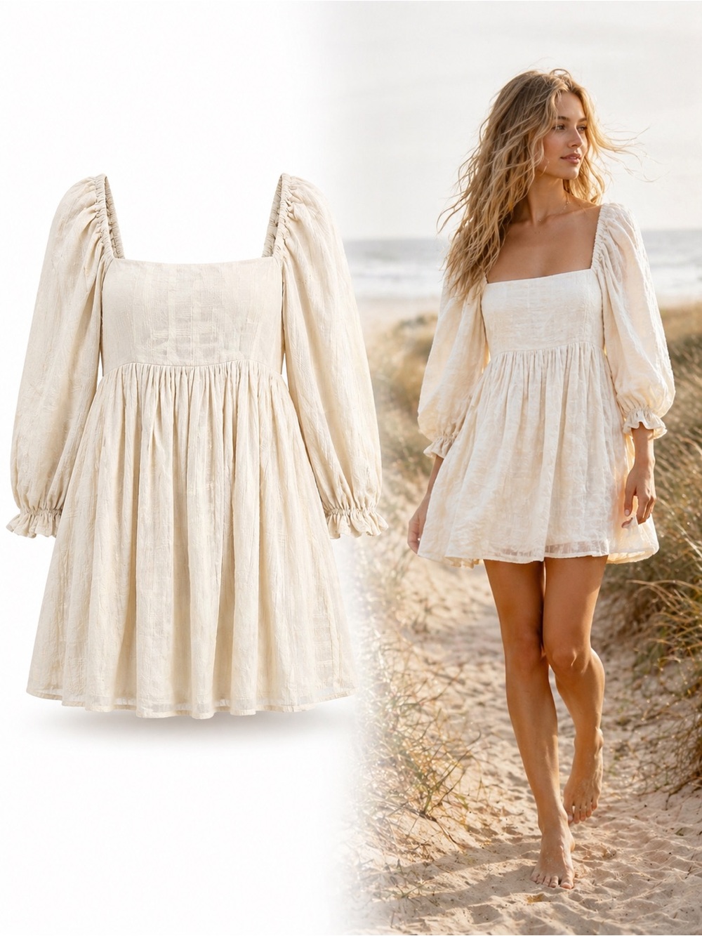 Mable Ivory Cotton Babydoll Mini Dress Cottagecore Puff Sleeve Bridal Size Small